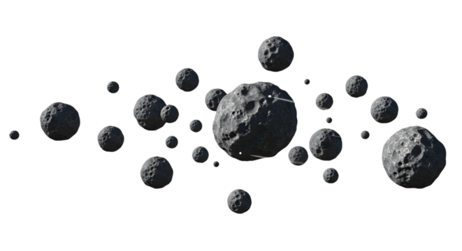 3d asteroids floating in dark space on transparent background
