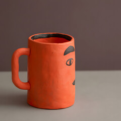 Artistic handmade clay mug with face design in vibrant orange on light background 