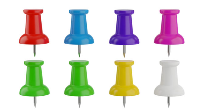 3d colorful push pins isolated on transparent background