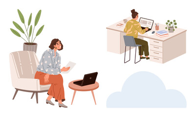 Two women working in home or office settings one reviews documents, the other types on a laptop. Ideal for work-from-home, productivity, multitasking, collaboration, remote work, creativity, focus