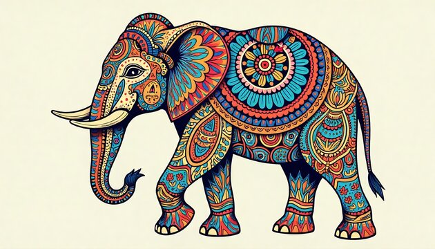 A vibrant, intricately patterned elephant illustration with colorful mandala and floral designs in a folk art style.