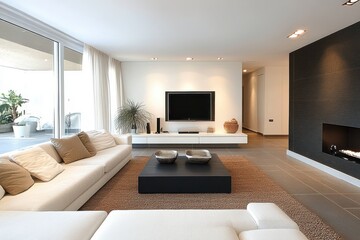 Fototapeta premium Contemporary living room featuring a large white sectional sofa, sleek black coffee table, and modern entertainment center.