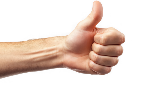 Hand with thumb up, approval gesture, success and positive feedback on transparent background