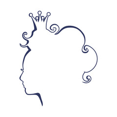Profile view silhouette of a princess or queen. Cute girl portrait. Fashion branding emblem. Thin line style