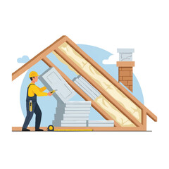 Fototapeta premium A skilled worker in a hard hat and overalls carefully installs insulation panels within the wooden framework of a residential attic or roof.