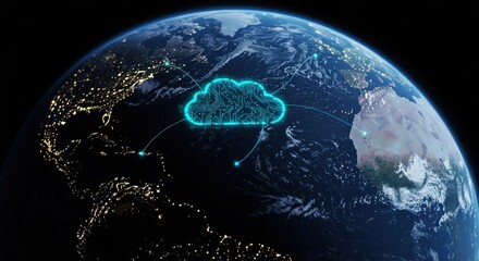 Cloud Computing Concept: Earth with Digital Cloud Icon.