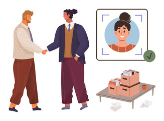 Two individuals greeting with a handshake, profile verification shown digitally, organized file boxes, and documents. Ideal for teamwork, identity verification, networking, recruitment
