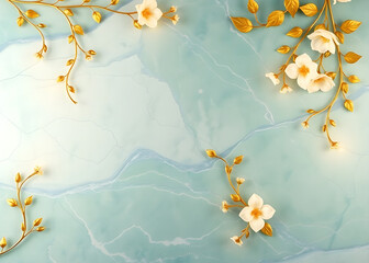 High-End Green Marble Pattern with Gold Vines and White Petals
