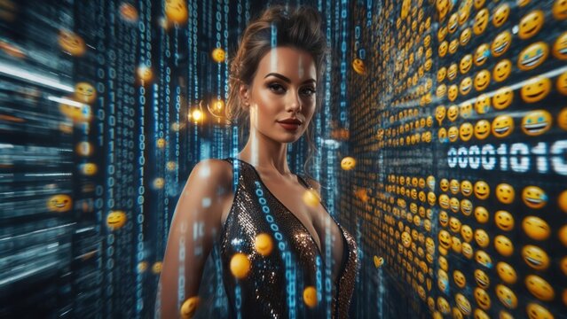Woman in a digital rain of emojis and binary code - Powered by Adobe