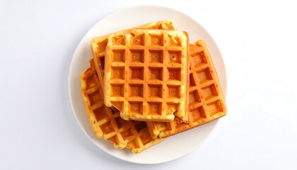 Golden Waffles Stacked on White Plate, Top-Down View, Clean Background