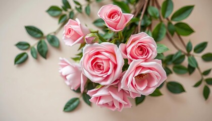 Fototapeta premium Delicate pink roses with lush green foliage on a soft beige backdrop, close-up, spring