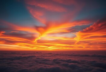 Fototapeta premium Fiery orange and purple clouds blaze across a vast, ethereal sunset sky, fantasy, gold