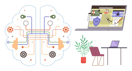 Fototapeta premium Brain-shaped AI network with gears and circuits, a cybersecurity-focused laptop, workspace setup with desk and plant. Ideal for technology, AI, cybersecurity, innovation, workflow, tech workspace