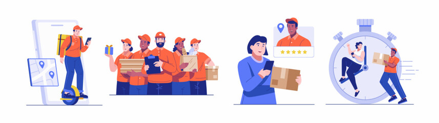 Delivery Service Concept illustration set. Collection of scenes with the Delivery Courier Team, Customer Giving Five-Star Rating, and On Time Delivery