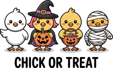 Chick or Treat – Cute Halloween Chicks in Costumes with Pumpkins Vector Illustration