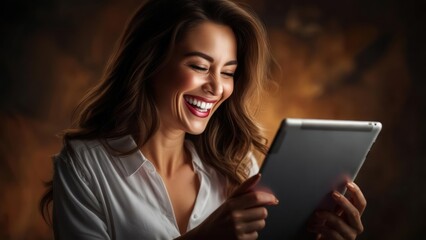 Fototapeta premium Woman smiling at tablet