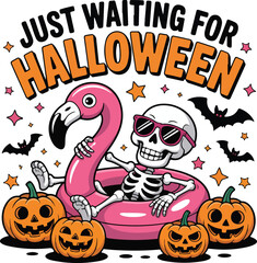Just Waiting for Halloween – Funny Skeleton in Pink Pool Float with Pumpkins and Bats Vector Illustration