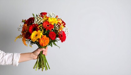 A hand holds a vibrant bouquet of multicolored flowers against a neutral backdrop