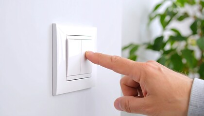 A hand presses a white double light switch on a wall