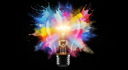 A light bulb surrounded by a vibrant explosion of colorful paint splashes