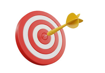 Red and white circular target with a yellow dart in the center isolated on transparent background