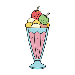 Colorful ice cream served in a clear glass, topped with fresh, juicy fruits, creating a delightful mix of creamy sweetness and refreshing fruity flavors.
