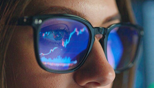 Close-up of a woman's glasses reflecting a stock market graph, symbolizing finance and investment