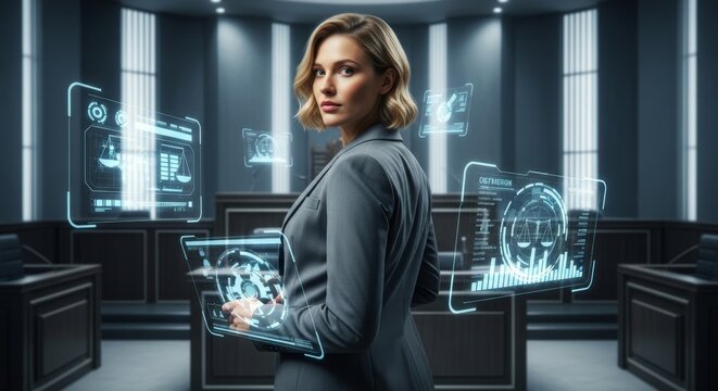 A young Caucasian woman with short blonde hair stands confidently in a modern courtroom. She holds a digital tablet displaying holographic data and graphs. - Powered by Adobe
