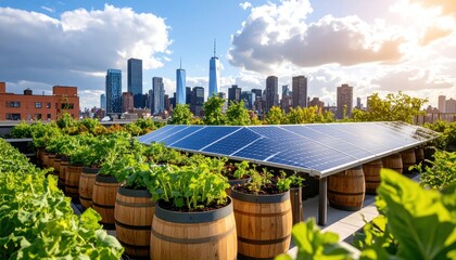 Rooftop garden with solar panels with NYC skyline, and sustainability.