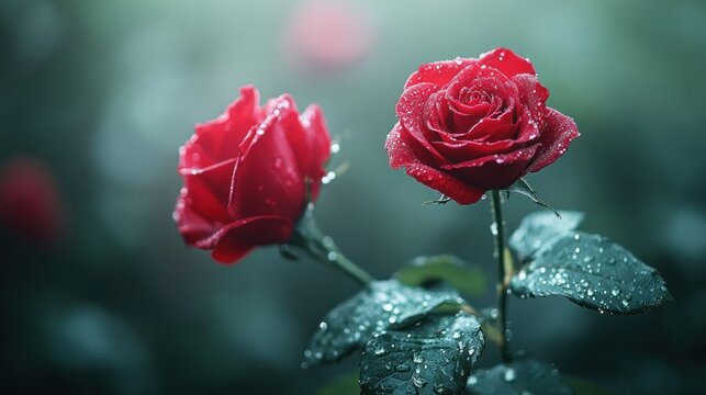 Two red roses, wet with dew, in a garden setting - Powered by Adobe