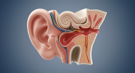 Detailed 3D anatomical illustration of the human ear structure.