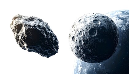 A digital rendering of an asteroid and moon near Earth
