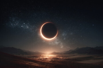 Mysterious glowing ring in the night sky over a reflective water surface with distant mountains and stars