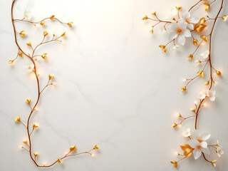Premium White Marble Texture with Golden Leaves and White Blossoms