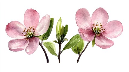 Two pink flowers with green leaves and stems isolated on a white background.