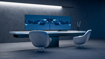 Modern office workstation with dual screens in sleek interior design