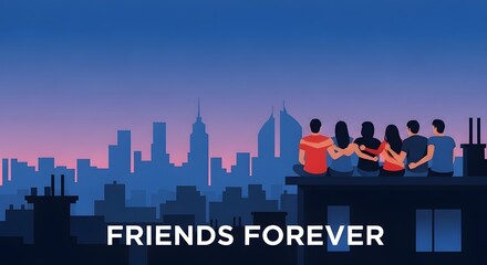 Friends forever illustration of friendship goals with cityscape skyline at sunset