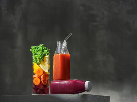 Healthy vegetable detox juice in bottles, a delicious and fresh drink - Powered by Adobe
