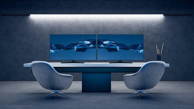 Modern office workstation with dual screens in sleek interior design