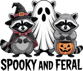 Cute Halloween Raccoons – Witch, Ghost, and Pumpkin Trick-or-Treat Illustration