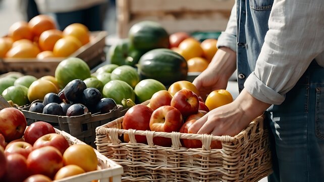 A person selecting fresh red apples from a wicker basket at a local farmers market stall with various colorful fruits. - Powered by Adobe