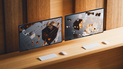 Modern office desk with a dynamics computers displays