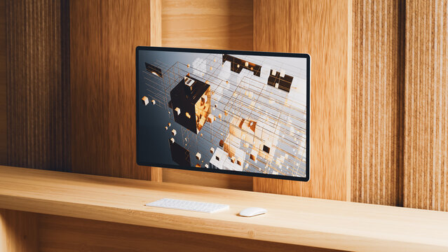 Modern office desk with a dynamic computer display