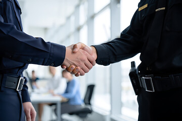 Two police officers in uniform shaking hands in agreement
