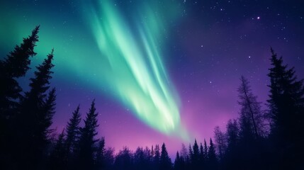 Naklejka premium 41.Night Sky Illuminated by the Aurora Borealis, Dancing Green and Purple Lights, Cosmic and Majestic, Celestial Display