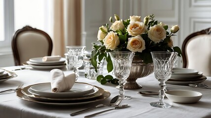 Fototapeta premium A beautifully set dining table featuring elegant place settings, crystal glassware, and a centerpiece of cream roses in a classic interior.