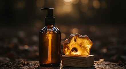 Amber-colored stone lamp and dark brown pump bottle on a tree stump in a forest setting at sunset.