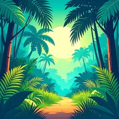 Lush tropical jungle path in vibrant colors.