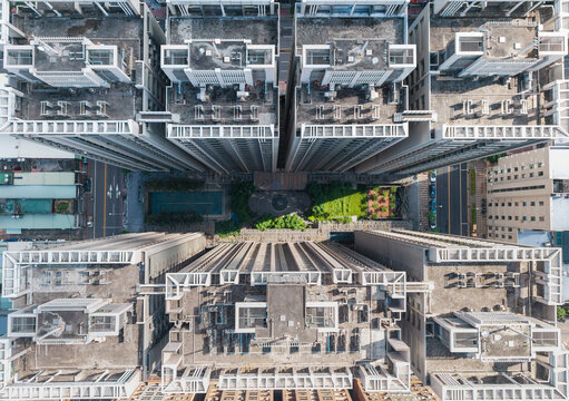 Aerial View of Symmetric High-Rise Urban Residences with Greener