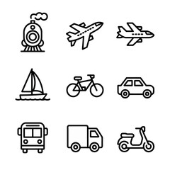 Collection of hand drawn transportation icons isolated on white background